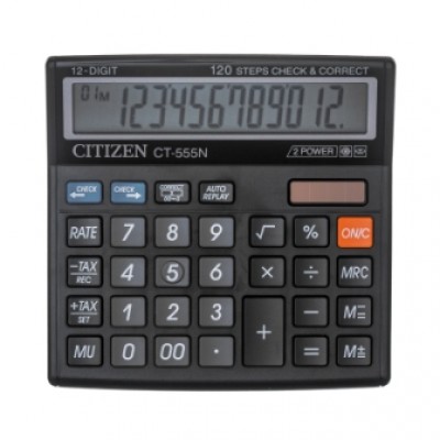 Калькулятор настольный Citizen CT-555N, 12 рязрядов, двойное питание,130*129*34мм,черный